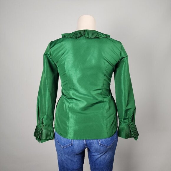 Oscar De La Renta Green Ruffle Button Front Blouse Size 14 - Picture 6 of 9